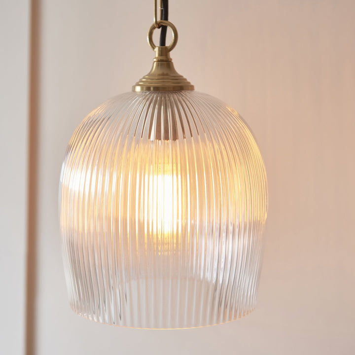 Endon 120625 Ashcroft Ribbed Pendant Brushed Aged Brass Plate & Clear Ribbed Glass