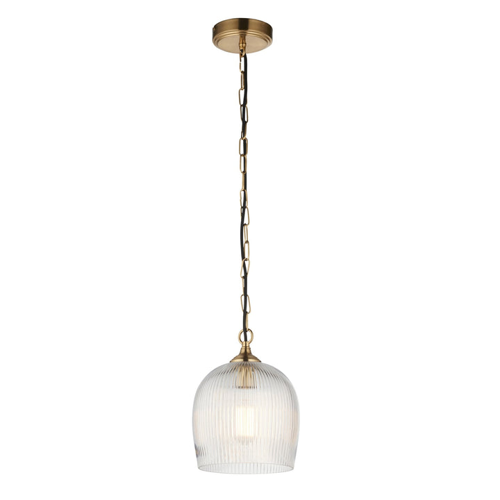 Endon 120625 Ashcroft Ribbed Pendant Brushed Aged Brass Plate & Clear Ribbed Glass