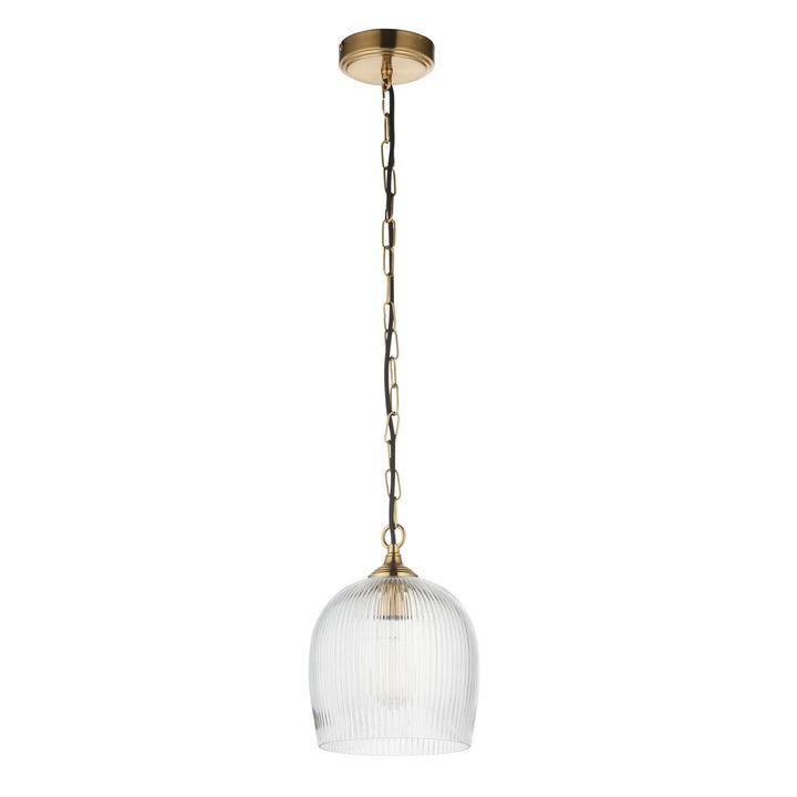 Endon 120625 Ashcroft Ribbed Pendant Brushed Aged Brass Plate & Clear Ribbed Glass