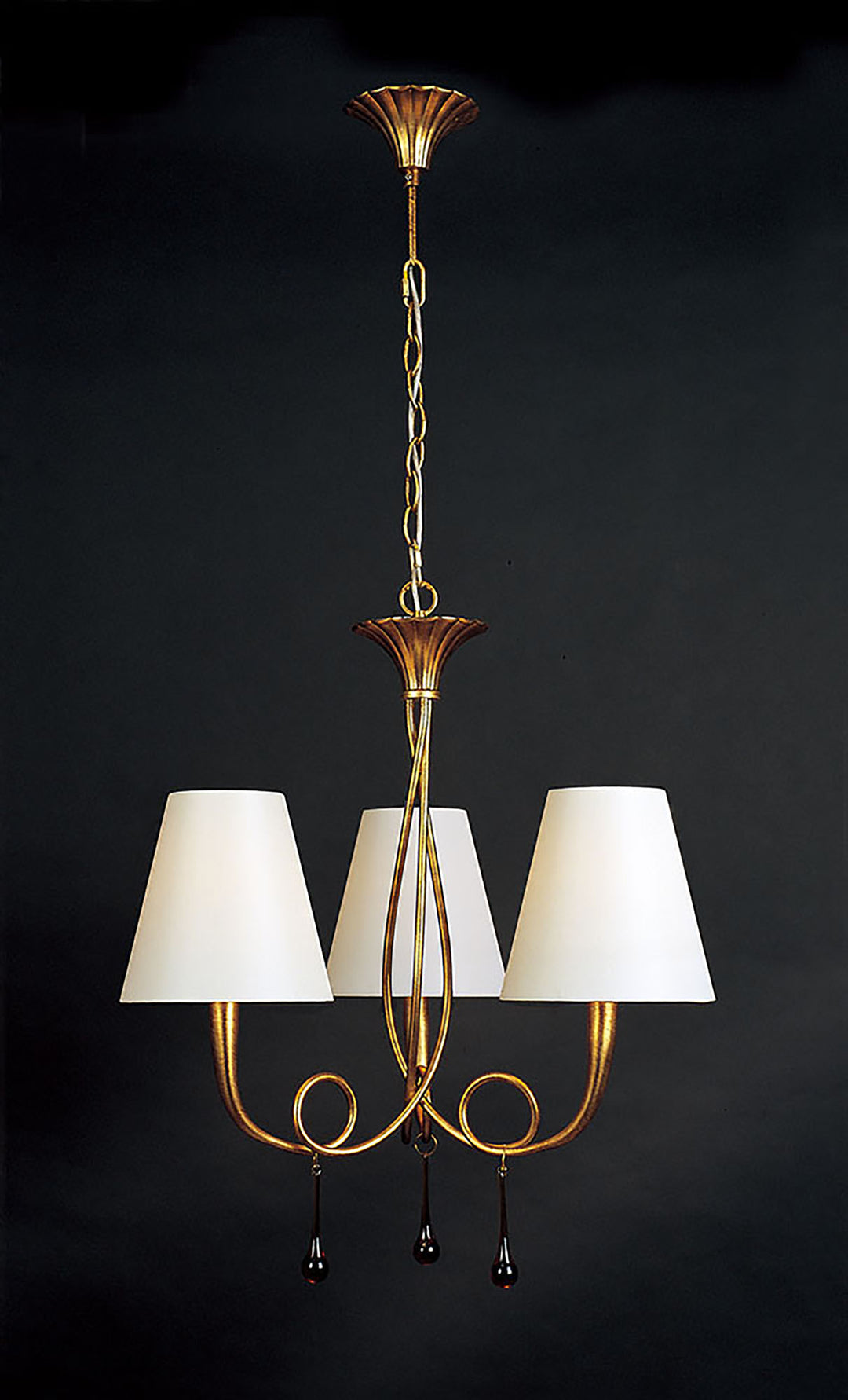 Mantra M0542 Paola Pendant 3 Light E14 Gold Painted Cream Shades & Amber Glass Droplets