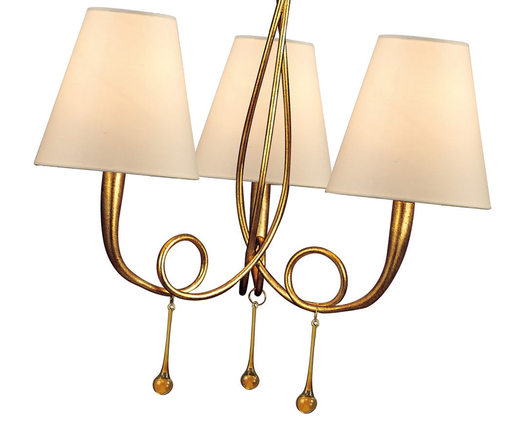 Mantra M0542 Paola Pendant 3 Light E14 Gold Painted Cream Shades & Amber Glass Droplets