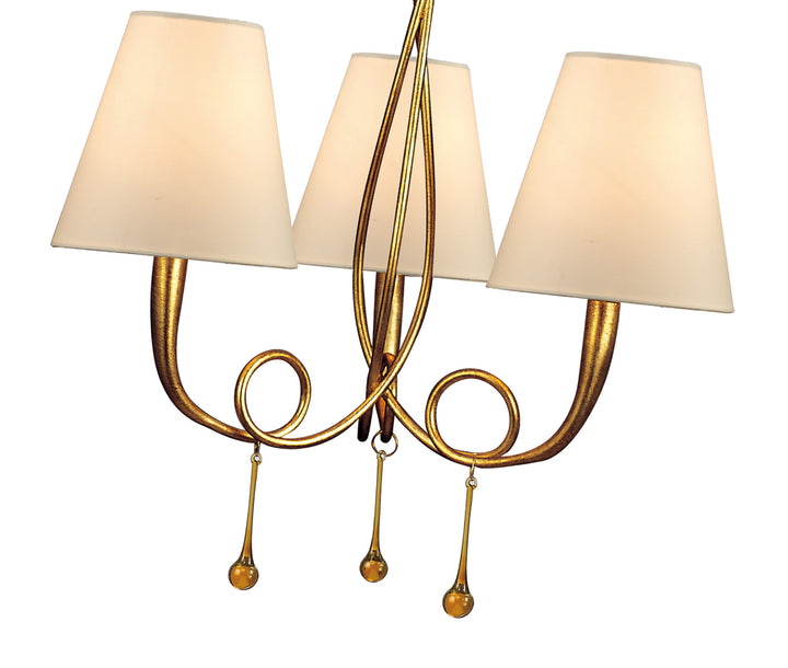 Mantra M0542 Paola Pendant 3 Light E14 Gold Painted Cream Shades & Amber Glass Droplets