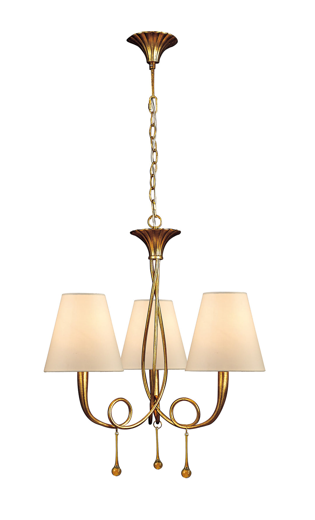 Mantra M0542 Paola Pendant 3 Light E14 Gold Painted Cream Shades & Amber Glass Droplets