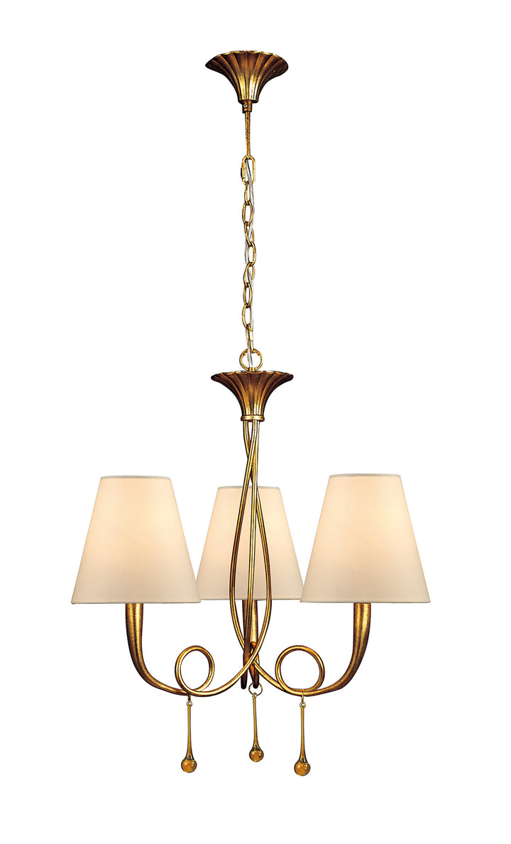 Mantra M0542 Paola Pendant 3 Light E14 Gold Painted Cream Shades & Amber Glass Droplets