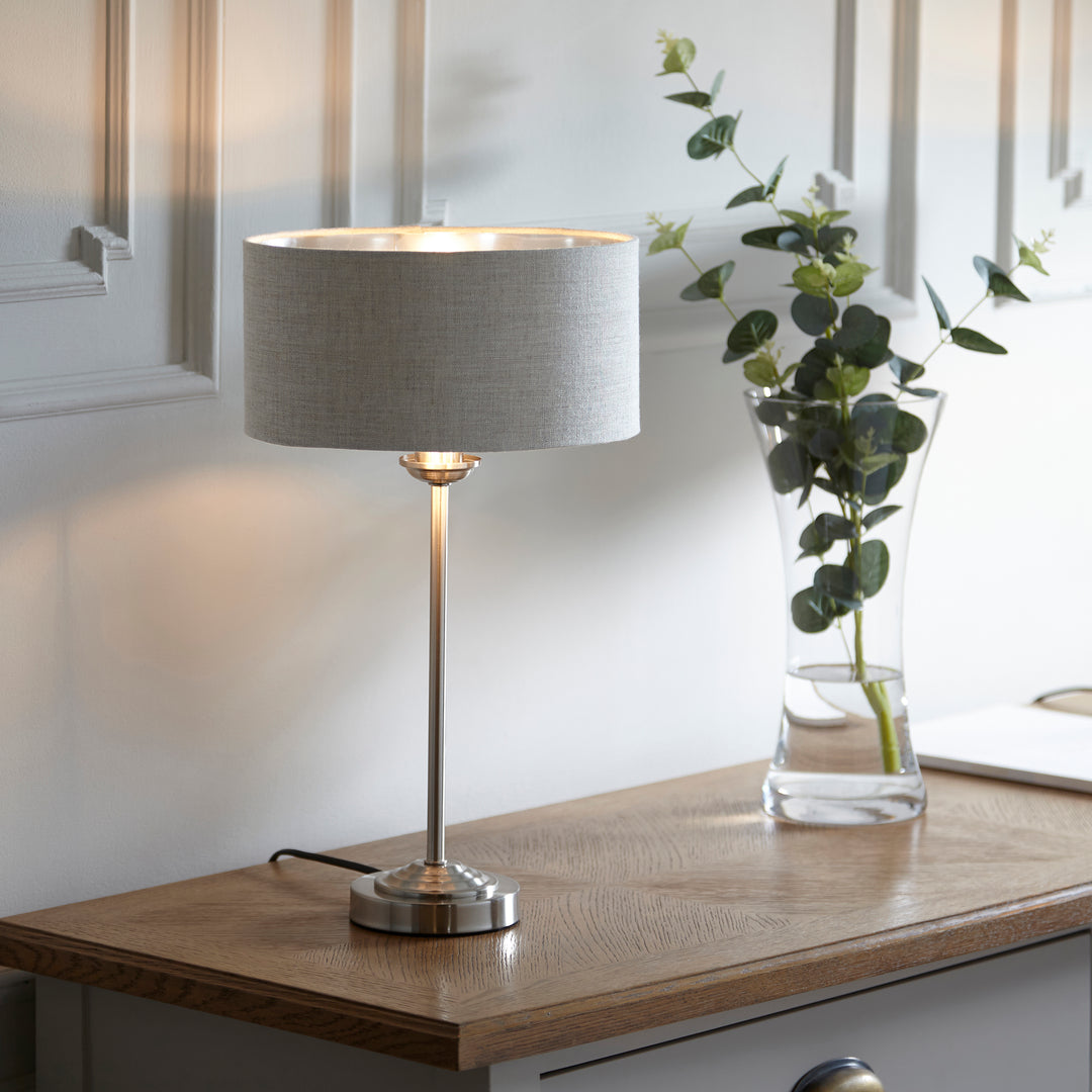 Endon 100646 Highclere 1 Light Table Lamp Brushed Chrome Plate And Natural Linen