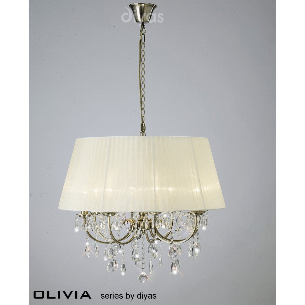 Diyas IL30057CR Olivia Pendant Light Antique Brass/crystal Cream Shade
