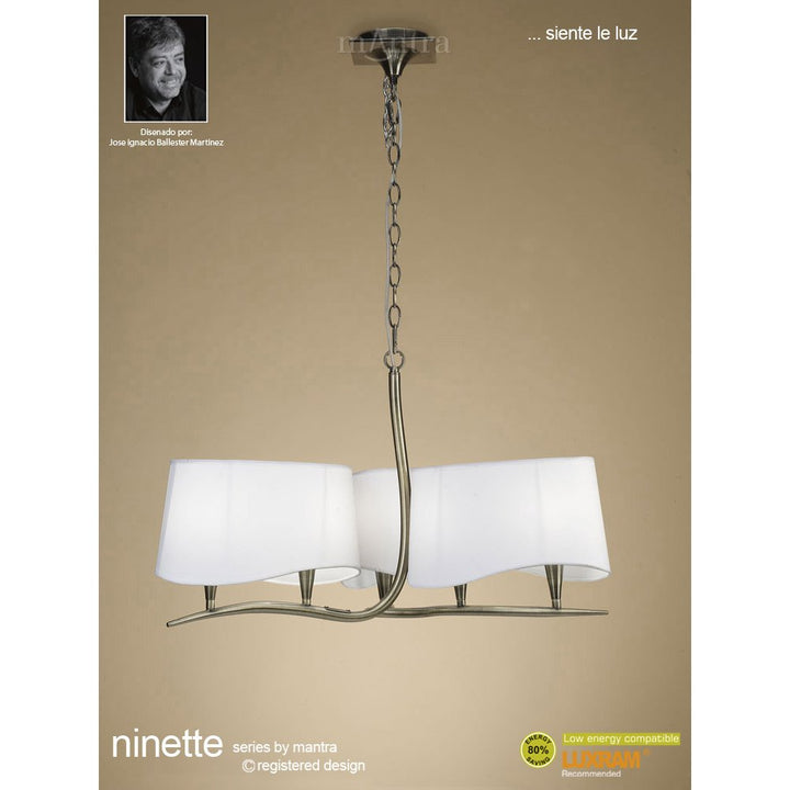 Mantra M1920 Ninette Pendant 3 Arm 6 Light E14 Antique Brass Ivory White Shades