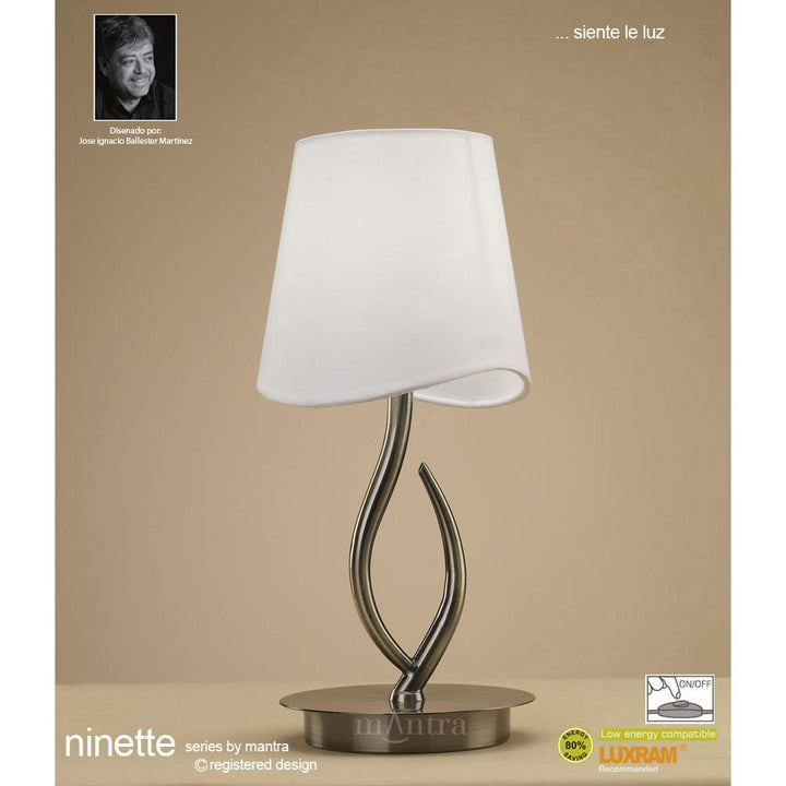 Mantra M1925 Ninette Table Lamp 1 Light E14 Small Antique Brass Ivory White Shade
