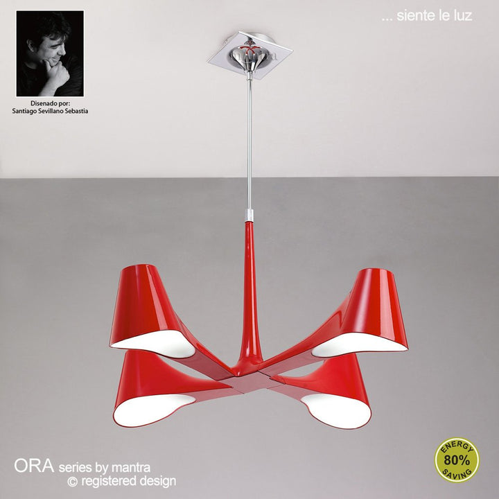 Mantra M1601 Ora Telescopic Convertible To Semi Flush 4 Light E27 Gloss Red/White Acrylic/Polished Chrome
