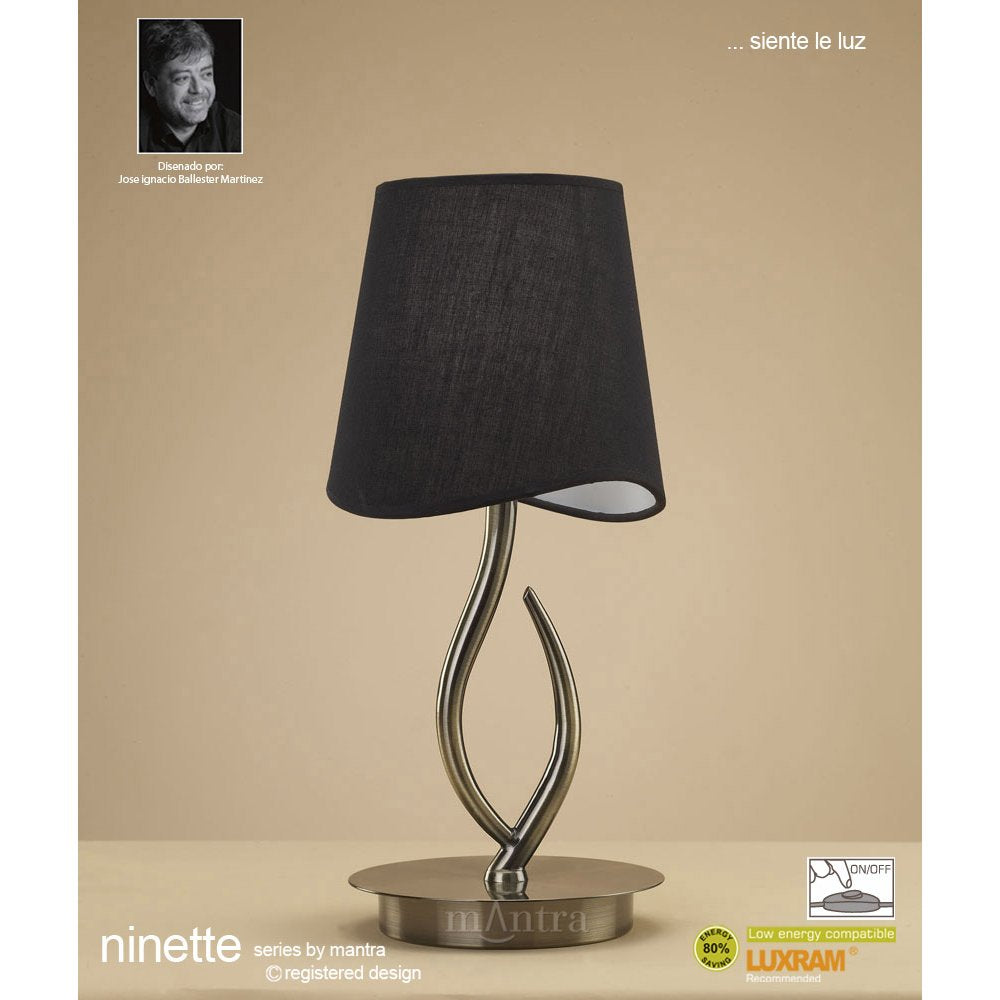 Mantra M1925/BS Ninette Table Lamp 1 Light E14 Small Antique Brass Black Shade