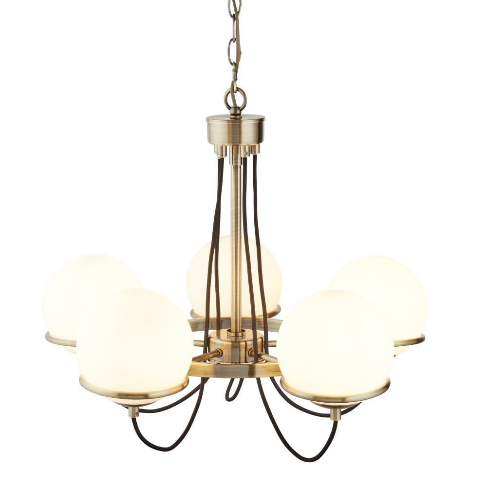 Searchlight 7095-5AB Sphere 5 Light Ceiling Antique Brass Opal White Glass Shades