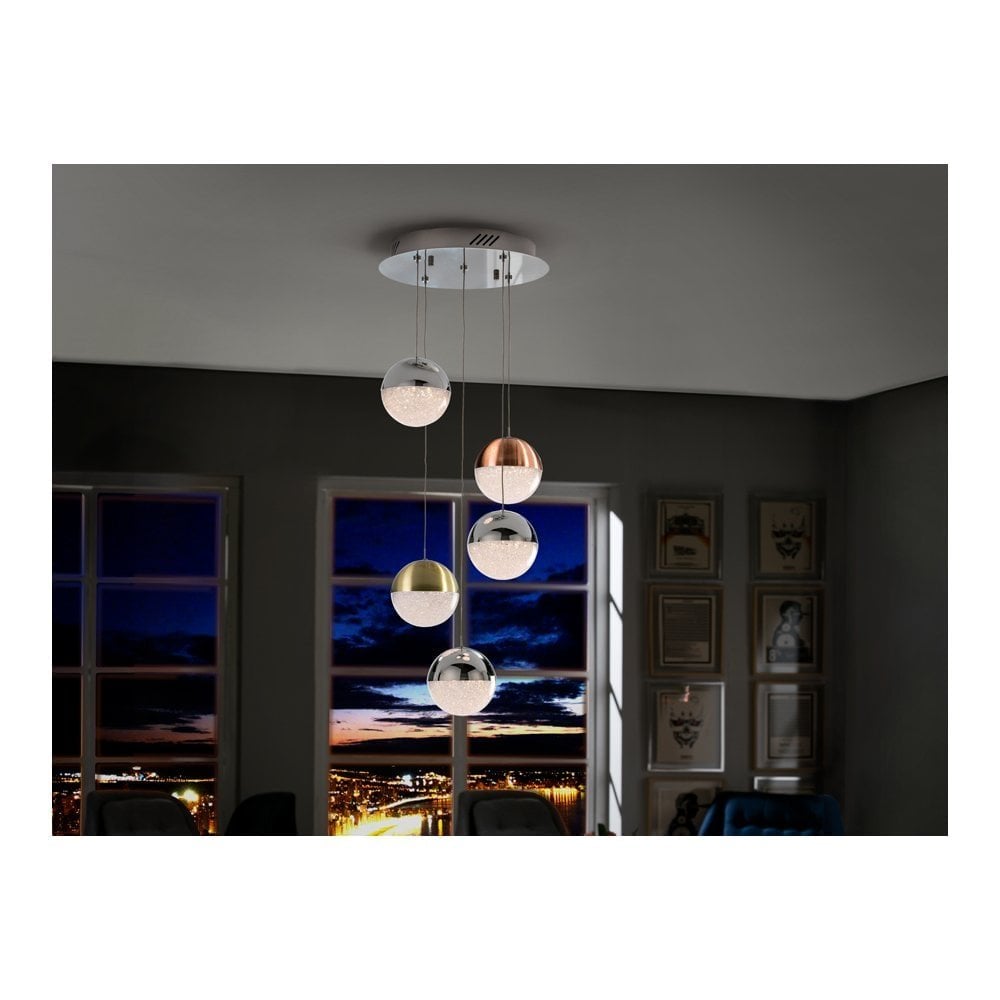 Schuller 793534 Sphere 5 Light LED Pendant Chrome Brass Copper Clear