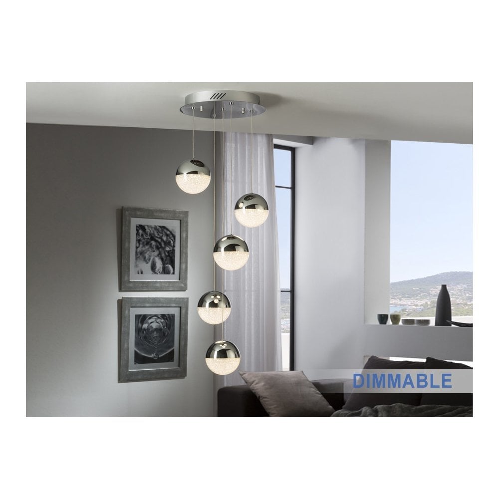 Schuller 793523D Sphere 5 Light LED Pendant Chrome Clear