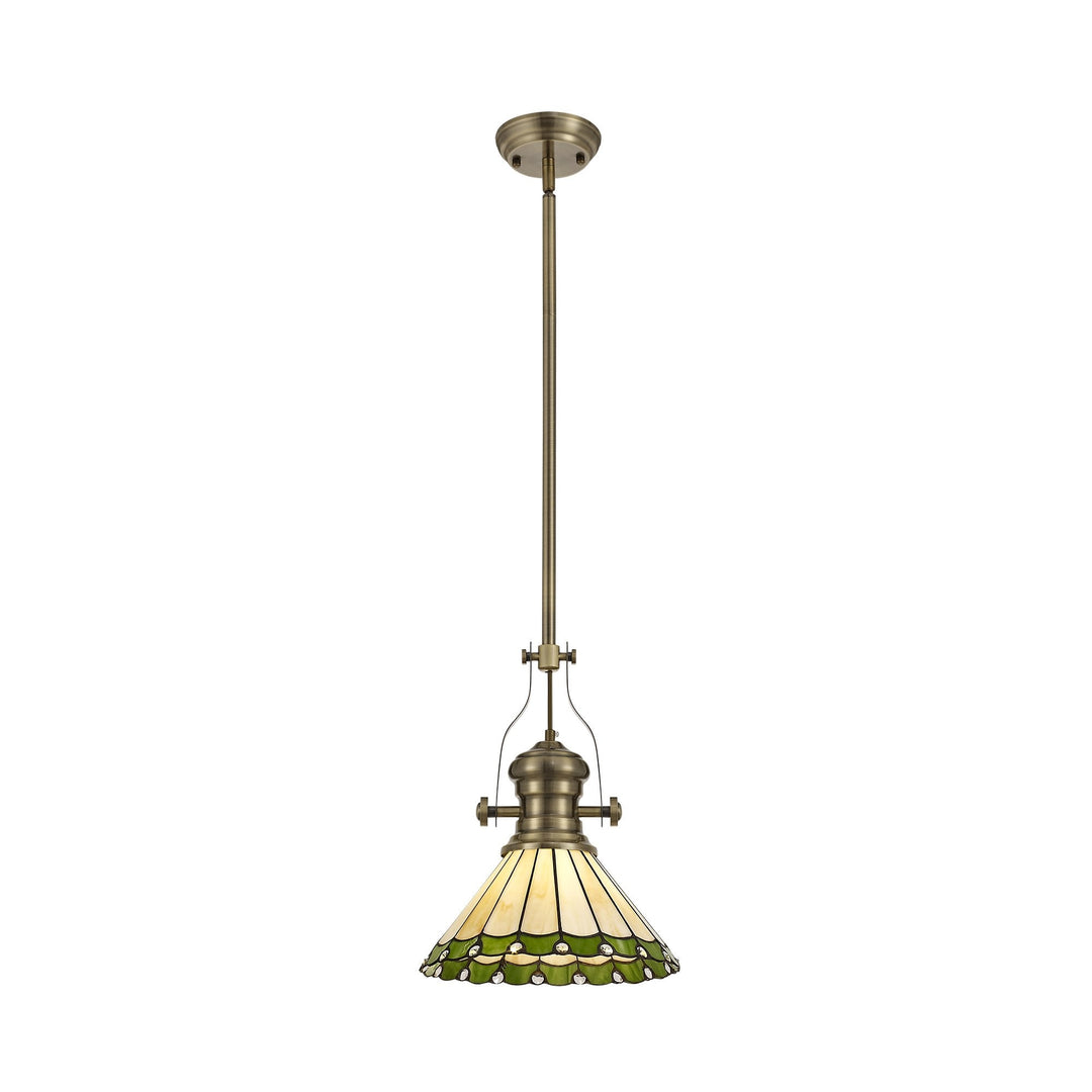 Nelson Lighting NLK04509 Louis/Umbrian 1 Light Telescopic Pendant 30cm Tiffany Shade Antique Brass/Green/Chrome