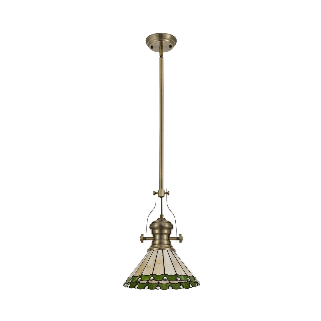 Nelson Lighting NLK04509 Louis/Umbrian 1 Light Telescopic Pendant 30cm Tiffany Shade Antique Brass/Green/Chrome
