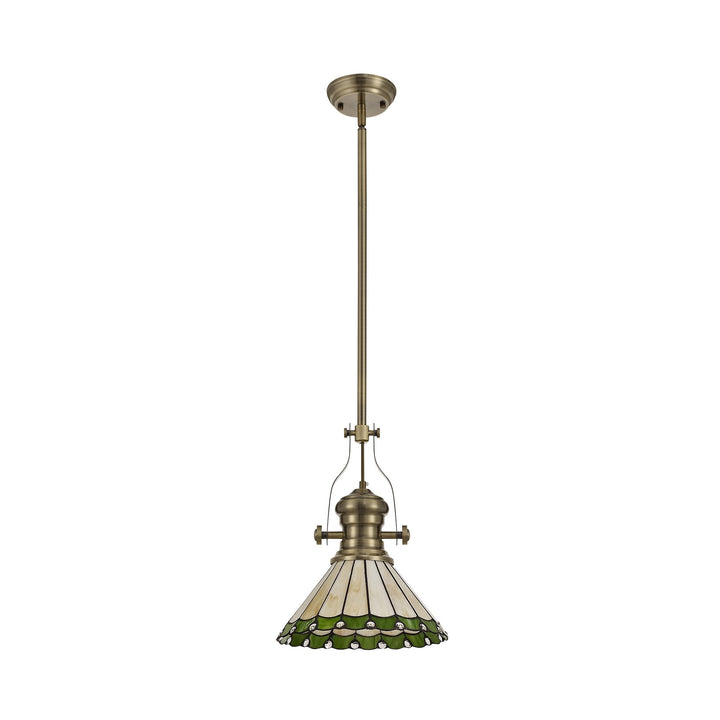 Nelson Lighting NLK04509 Louis/Umbrian 1 Light Telescopic Pendant 30cm Tiffany Shade Antique Brass/Green/Chrome