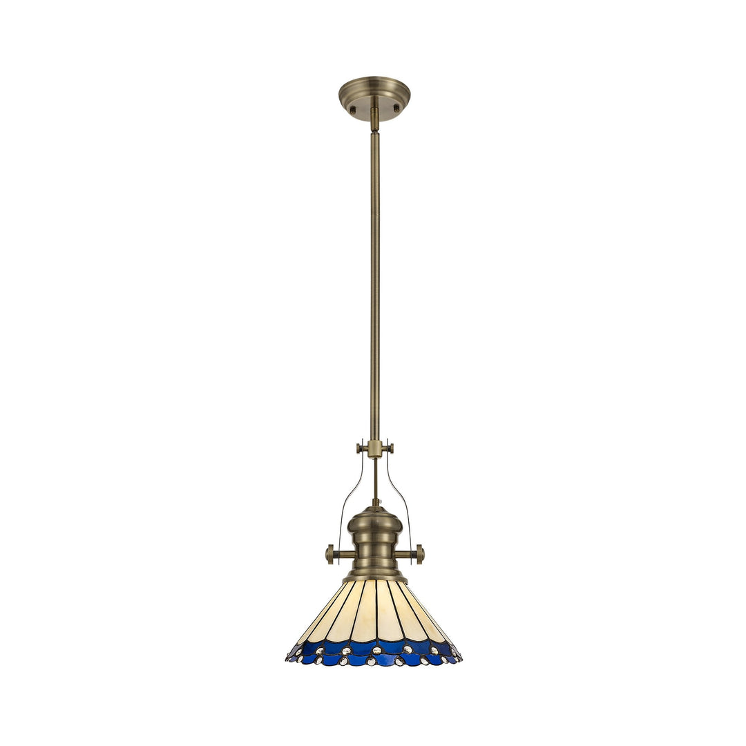 Nelson Lighting NLK04539 Louis/Umbrian 1 Light Telescopic Pendant 30cm Tiffany Shade Antique Brass/Blue/Chrome