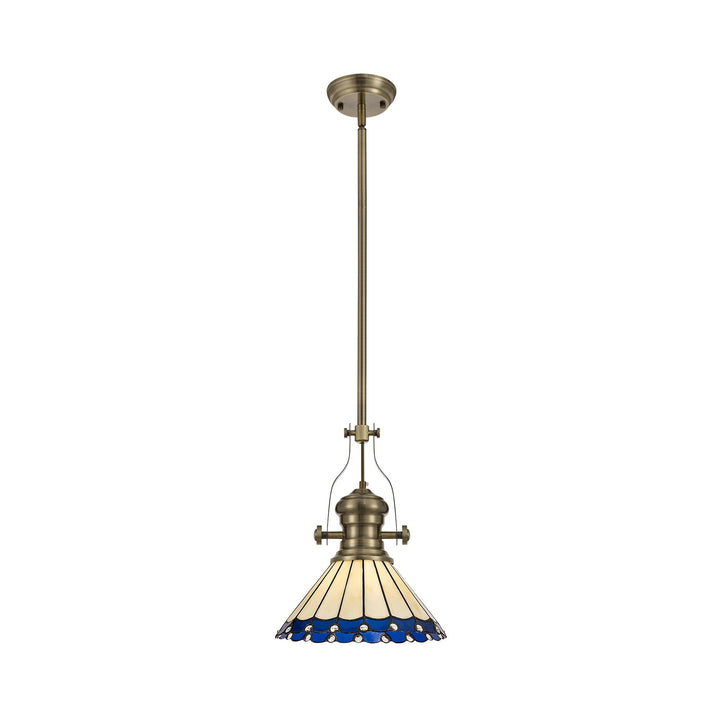Nelson Lighting NLK04539 Louis/Umbrian 1 Light Telescopic Pendant 30cm Tiffany Shade Antique Brass/Blue/Chrome