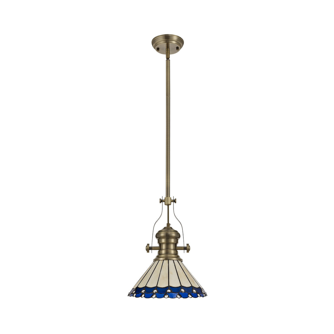 Nelson Lighting NLK04539 Louis/Umbrian 1 Light Telescopic Pendant 30cm Tiffany Shade Antique Brass/Blue/Chrome
