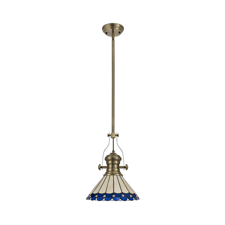 Nelson Lighting NLK04539 Louis/Umbrian 1 Light Telescopic Pendant 30cm Tiffany Shade Antique Brass/Blue/Chrome