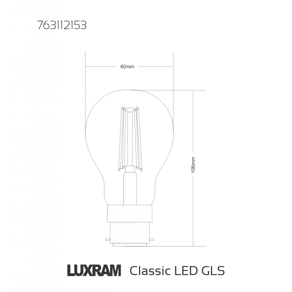 Luxram 763112153 B22 GLS LED 8W Warm White Clear