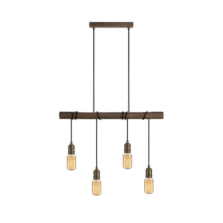 Nelson Lighting NL77469 Tuba Bar Pendant 4 Light Medium Oak/Antique Brass