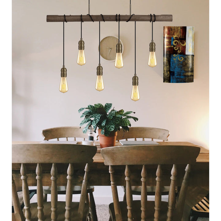 Nelson Lighting NL77469 Tuba Bar Pendant 4 Light Medium Oak/Antique Brass