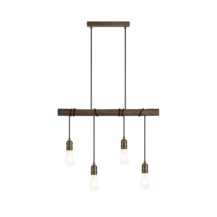 Nelson Lighting NL77469 Tuba Bar Pendant 4 Light Medium Oak/Antique Brass