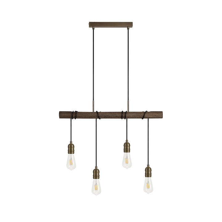 Nelson Lighting NL77469 Tuba Bar Pendant 4 Light Medium Oak/Antique Brass