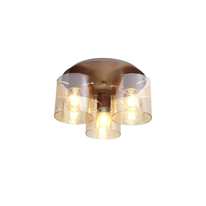 Nelson Lighting NL82659 Blade Round Ceiling Flush 3 Light Mocha/Amber Glass
