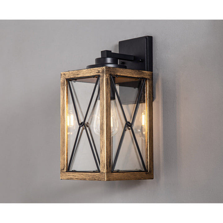 Nelson Lighting NL83729 Rowley Outdoor Large Wall Lamp Wood Effect & Black/Clear Glass