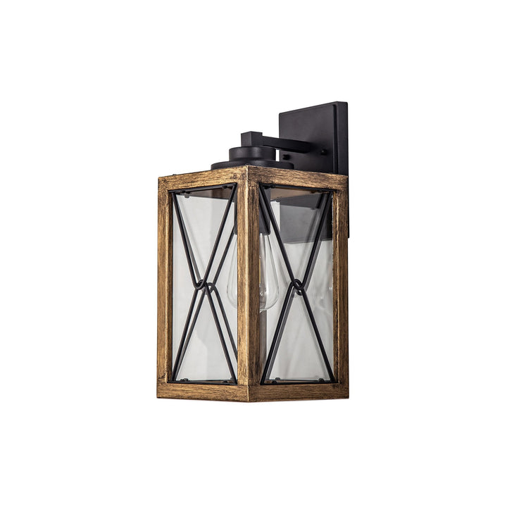 Nelson Lighting NL83729 Rowley Outdoor Large Wall Lamp Wood Effect & Black/Clear Glass