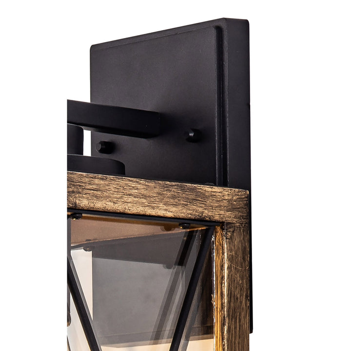 Nelson Lighting NL83729 Rowley Outdoor Large Wall Lamp Wood Effect & Black/Clear Glass