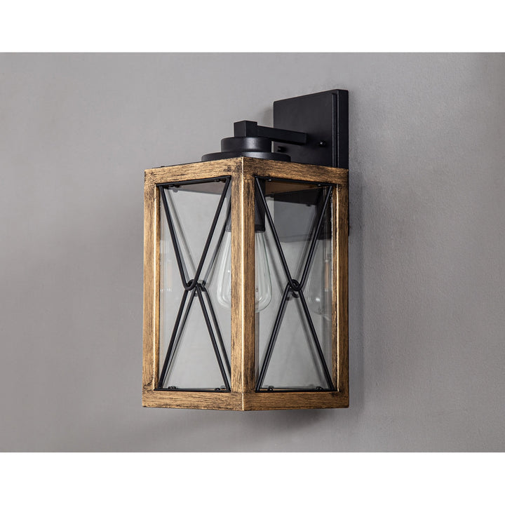 Nelson Lighting NL83729 Rowley Outdoor Large Wall Lamp Wood Effect & Black/Clear Glass