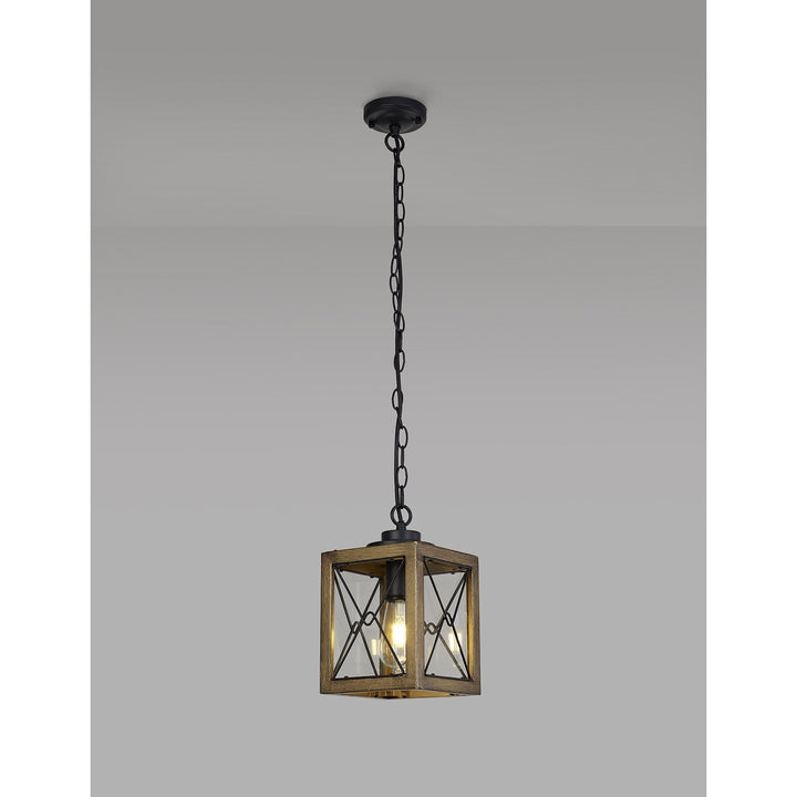 Nelson Lighting NL83739 Rowley Outdoor Pendant Wood Effect & Black/Clear Glass