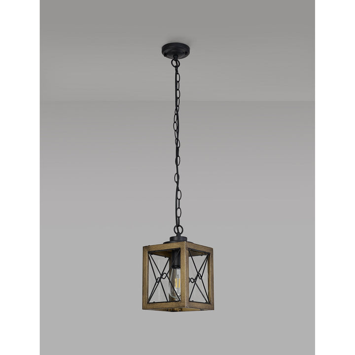 Nelson Lighting NL83739 Rowley Outdoor Pendant Wood Effect & Black/Clear Glass