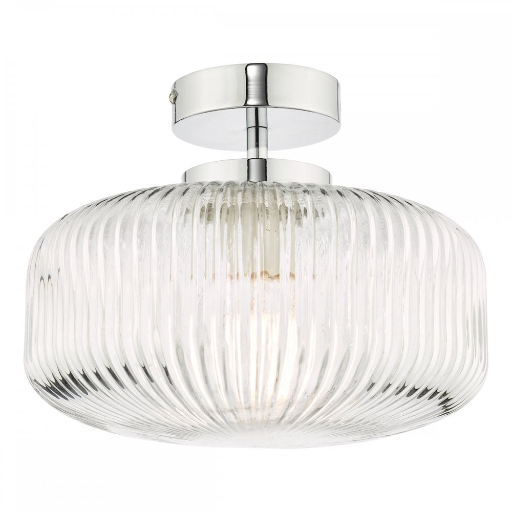 Dar RIV5208 Riva Bathroom Semi Flush Ceiling Light Ribbed Glass Polished Chrome