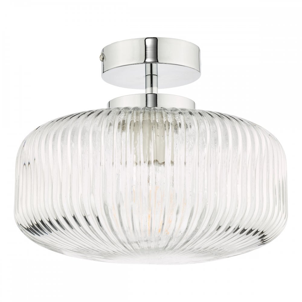 Dar RIV5208 Riva Bathroom Semi Flush Ceiling Light Ribbed Glass Polished Chrome
