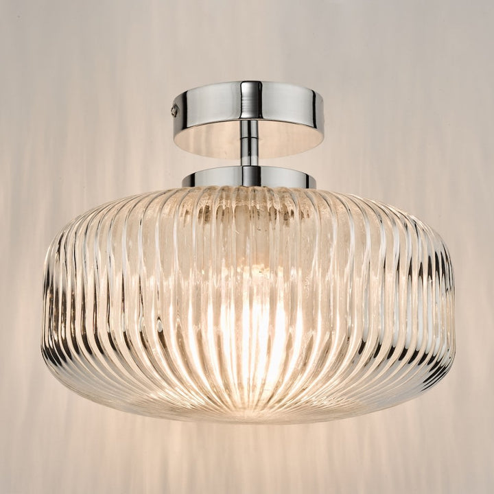 Dar RIV5208 Riva Bathroom Semi Flush Ceiling Light Ribbed Glass Polished Chrome