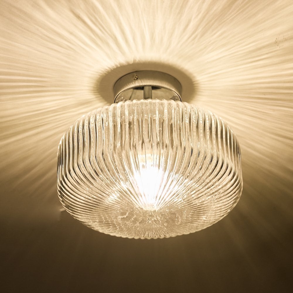 Dar RIV5208 Riva Bathroom Semi Flush Ceiling Light Ribbed Glass Polished Chrome
