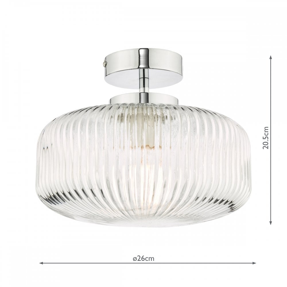 Dar RIV5208 Riva Bathroom Semi Flush Ceiling Light Ribbed Glass Polished Chrome