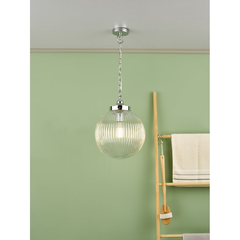 Dar TAM0150-IP44 Tamara Bathroom Pendant Polished Chrome Ribbed Glass