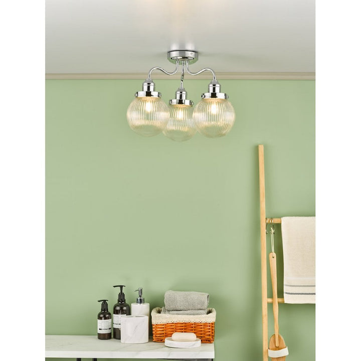 Dar TAM5350-IP44 Tamara 3 Light Bathroom Semi Flush Polished Chrome Ribbed Glass