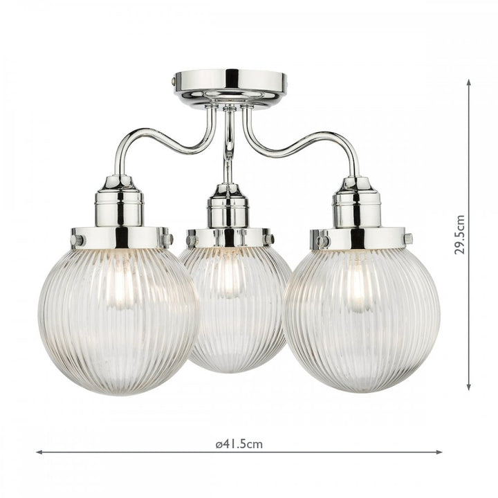 Dar TAM5350-IP44 | Tamara | 3 Light Bathroom Semi Flush | Polished Chrome & Ribbed Glass