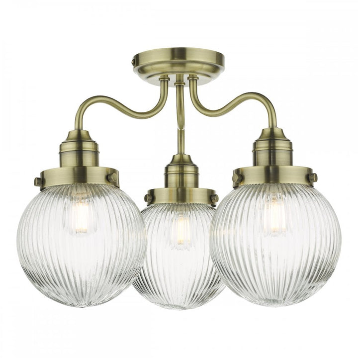 Dar TAM5375-IP44 Tamara 3 Light Bathroom Semi Flush Antique Brass Ribbed Glass