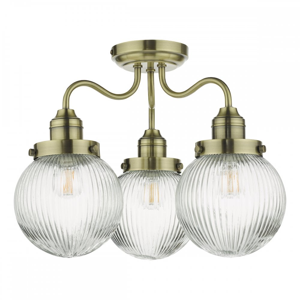 Dar TAM5375-IP44 Tamara 3 Light Bathroom Semi Flush Antique Brass Ribbed Glass