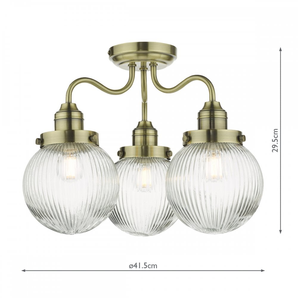 Dar TAM5375-IP44 Tamara 3 Light Bathroom Semi Flush Antique Brass Ribbed Glass