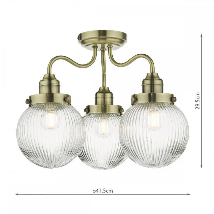 Dar TAM5375-IP44 Tamara 3 Light Bathroom Semi Flush Antique Brass Ribbed Glass