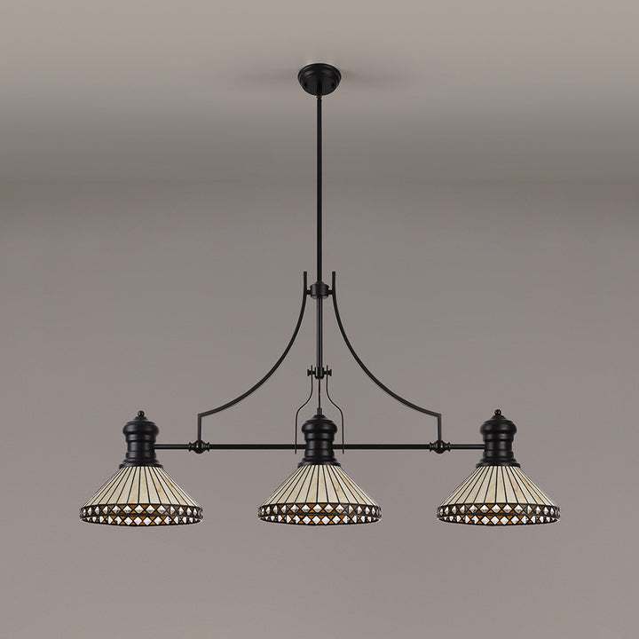 Nelson Lighting NLK15209 Louis, Tink 3 Light Linear Pendant Matt Black Amber/Cream