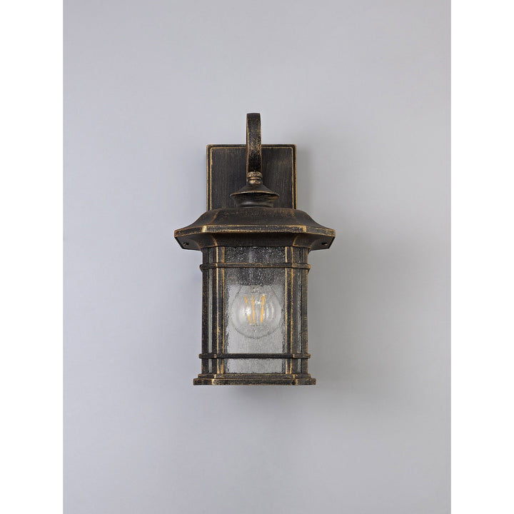 Nelson Lighting NL75799 Biello Outdoor Small Wall Lamp 1 Light Brushed Black Gold/Seeded Glass